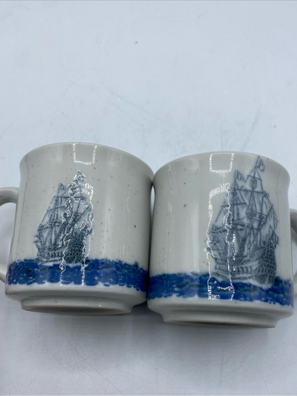 Vintage Stoneware Nautical Maritime Ocean Coffee Mug Speckled Ships Heavy Foot 2